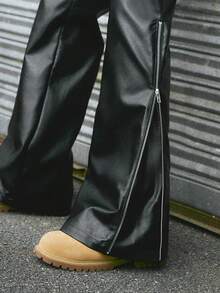 AXEPEAK Men's PU Leather Graphic Print Pocket Flared Leg Loose Pants - Black - View 5