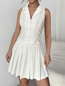 Chiquease Top fără mâneci și fustă plisată pentru femei, culoare uni, cu nasturi în față, 2 buc ținută casual de vacanță de vară - alb - Vizualizare 7