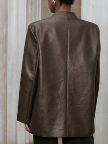 Aveloria Modichic 女士宽松酒红色复古纹理PU无领极简设计西装外套，秋冬欧美高端系列 - 綠色 - 查看 2