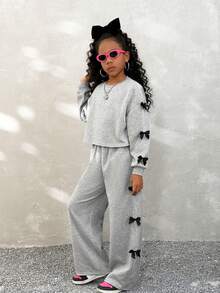 Coolane Kids 少女秋冬季休闲宽松蝴蝶结装饰两件套，万圣节，圣诞节 - 灰色 - 查看 4