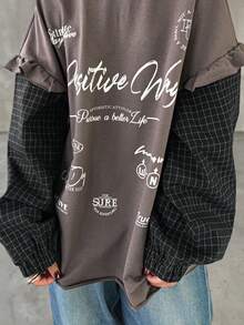 FRIFUL Women's Casual Plaid Patchwork 2 In 1 T-Shirt, Autumn - Grey - View 7