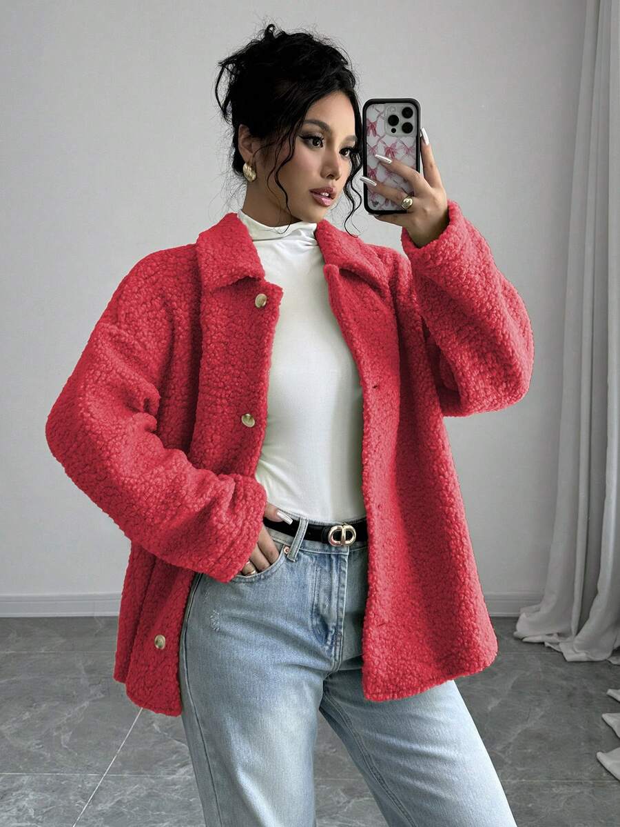 Elenzga Women's Casual Solid Color Button Front Faux Shearling Collar Jacket, Autumn/Winter - Red - View 1