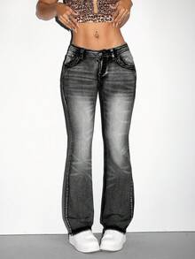 SHEIN PETITE Women's Retro Low-Waist Slim Fit Fashionable Jeans - Grey - View 4