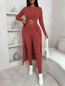 VaVaBold 两件套抓绒罗纹长款开衩下摆T恤和长裤，冬季，冬装，毛衣套装，长袖，修身，抓绒面料，徒步装备，冬季上衣，冬季打底裤，女士套装，优雅女士，秋季上衣，冬季服装，保暖，长袖 - 酒紅色 - 查看 4