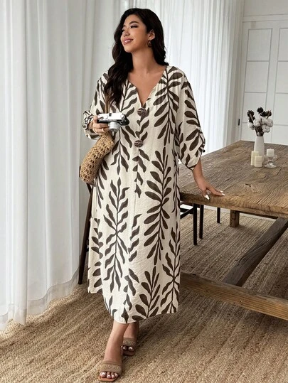 EMERY ROSE Plus Size Women's 1pc Linen-Like Texture Floral Print Loose Casual Dress With Faux Wood Button Decor, Suitable For Spring/Summer, Work And Home Wear