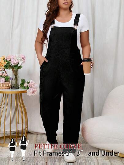 SHEIN PETITE CURVE Plus Size Women Casual Black Corduroy Jumpsuit