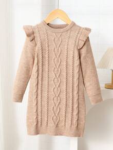 LMoss Kids Young Girl Pink Crew Neck Long Sleeve Patchwork Ruffle Textured Knit Sweater Dress,Autumn Holiday Casual Daily Wear Warmth Autumn/Winter - Khaki - View 7