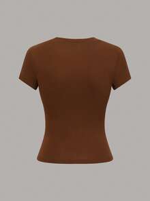 Lymera 女士休闲纯色圆领短袖T恤，夏季百搭 - 棕色 - 查看 4