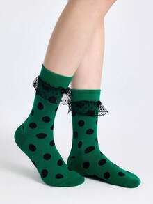 ROMWE Kawaii Women's Polka Dot Pattern Mesh Splice Ruffle Trim Cute Crew Socks - Green - View 4