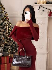 SHEIN PETITE Women's Burgundy Elegant Open Shoulder Christmas Dress,Autumn Plush Fur Trim Fitted Long Dress For Parties,Dining,Weddings & New Year's Eve Gown ,Petite Women - Burgundy - View 5