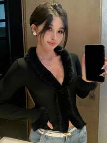 DAZY Áo khoác cardigan cổ chữ V có tua rua chắp vá cho nữ, mùa thu - màu đen - Xem 5