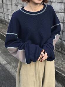 FRIFUL 女士撞色圆领落肩长袖撞色明线装饰休闲宽松百搭T恤，秋冬款 - 藍色 - 查看 5