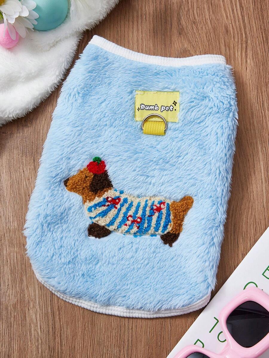 PETSIN 1件腊肠犬双面毛绒宠物背心，蓝色，带防滑扣，加厚保暖宠物服装 - 藍色 - 查看 1
