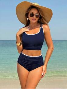 Swim Lushoire 女士夏季度假休闲沙滩装纯色可调节肩带比基尼两件套泳衣 - 藏蓝色 - 查看 1