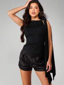 MISSGUIDED Rhinestone Studded High Rise Shorts With Elastic Waistband Mini Length Party Evening Occasion Sparkle Embellished Bottoms - Black - View 5