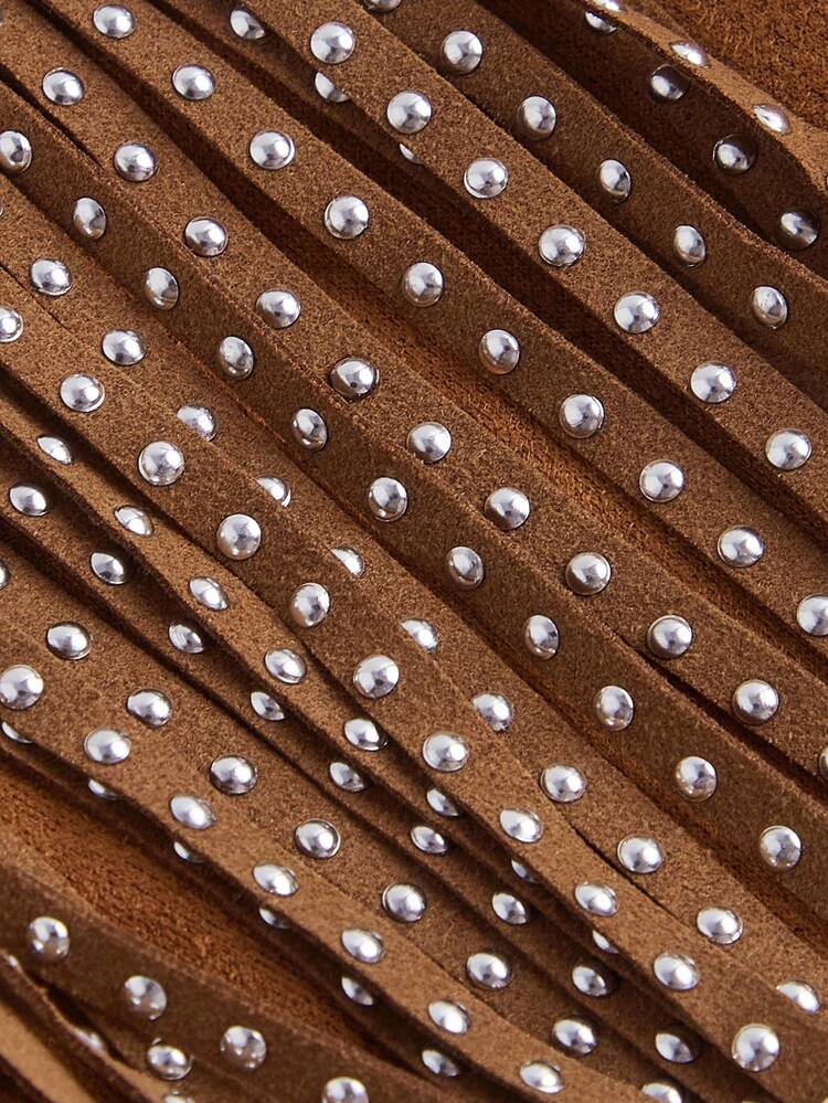 SHEIN MOD Chaqueta sin mangas con flecos estilo bohemio de los 70 para mujer, parte superior de abrigo de otoño, chaquetas de mujer de otoño, chaqueta vaquera - Marrón - Añade 4