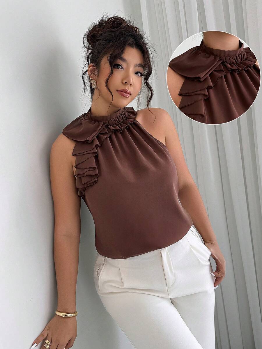 Elenzga Ruched Sleeveless Blouse, Intellectual And Elegant - Brown - View 1