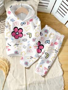 SHEIN Playful Pals 秋冬季少女休闲时尚创意个性清新简约可爱卡哇伊彩色爱心花朵图案印花连帽卫衣裤套装，舒适百搭，适合秋冬季少女穿着。 - 彩色 - 查看 2