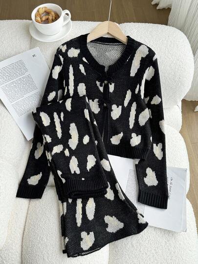 Sparklyn 2pcs Girls Leopard Jacquard Knit Cardigan And Wide Leg Pants Set, Handmade Bow Decor Short Cardigan, Loose Fit Warm Soft Pants, Casual Outfit For Autumn/Winter Black And White Sweater For Girls Tween Matching Set Knit Girl Knit Set Girls Cardigan Young Girl Cardigan