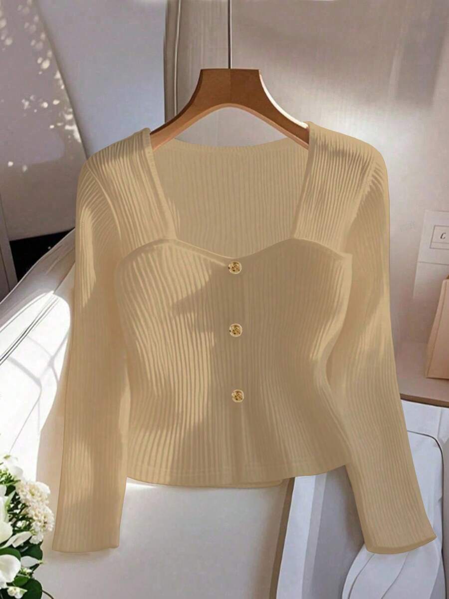 GlowEve Women's Casual Ribbed Knit Sweetheart Neck Slim Fit T-Shirt, Solid Color, Versatile For Business And Leisure, Spring/Autumn - Khaki - View 1
