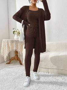 SHEIN Essnce Bộ 3 món dành cho nữ: Áo hai dây dệt kim, Quần cạp rút và Áo khoác, Trang phục đi làm hàng ngày thoải mái, Xuân/Thu - Cà phê nâu - Xem 5
