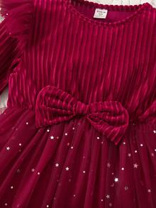 年轻女孩优雅丝绒红色网纱长袖连衣裙 - 彩色 - 查看 7