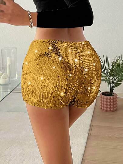 SHEIN EZwear Shorts cortos súper bajos de mujer con lentejuelas de moda