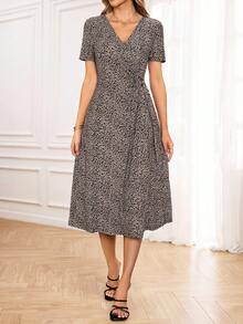 Miaspire Women's V-Neck Short Sleeve Leopard Print Casual Midi Dress - Multicolor - View 6