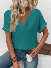 EMERY ROSE Women's Casual Solid Color V-Neck Short Sleeve T-Shirt, Summer - Blue - View 5