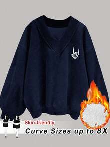 SHEIN CURVE+ 女式加大码 V 领骷髅手指花卉印花黑色加大码宽松羊毛运动衫冬季秋季秋冬 - 藏蓝色 - 查看 1