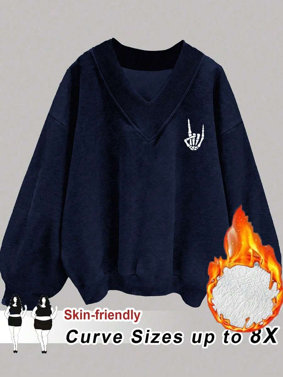 SHEIN CURVE+ 女式加大码 V 领骷髅手指花卉印花黑色加大码宽松羊毛运动衫冬季秋季秋冬 - 藏蓝色 - 查看 1