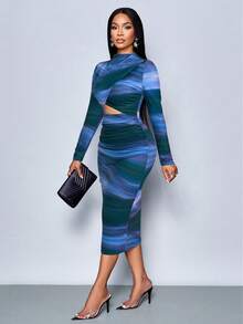 SOLERSUN Váy dài tay đơn giản, họa tiết tie-dye, nhún bèo, thanh lịch dành cho nữ, thích hợp cho các buổi tiệc hẹn hò (Họa tiết hoa ngẫu nhiên) Trang phục maxi dành cho nữ - Màu xanh Ô liu - Xem 3