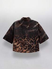 NEON BLANC Casual Drop Shoulder Short Sleeve Front Button Fashionable Leopard Print Denim Blouse - Black - View 2