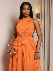 Xyvia 女士橙色交叉褶皱胸部设计A字喇叭连衣裙，露背挂脖系带设计，性感优雅，适合生日、约会、派对、鸡尾酒会、独立日、光棍节、返校季、万圣节、平安夜、感恩节等场合。 - 亮橙色 - 查看 4