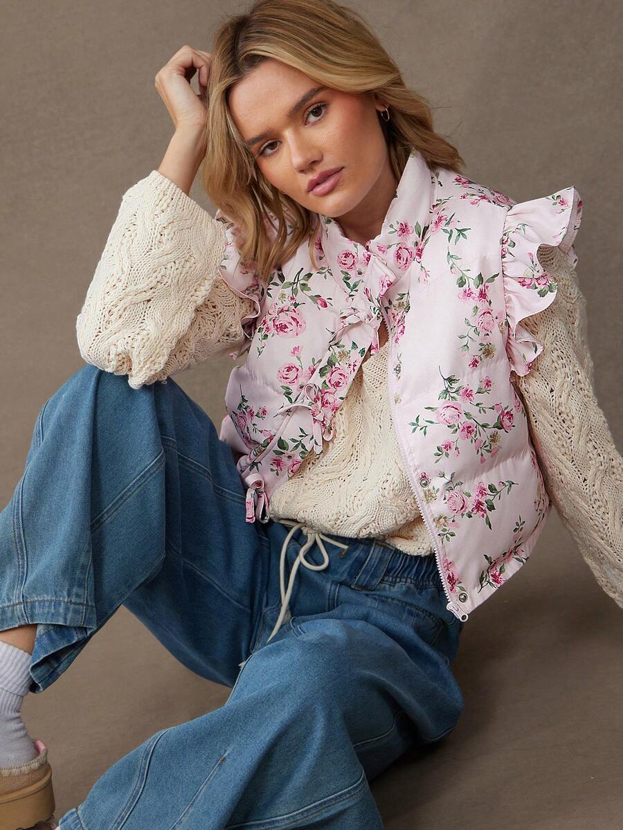 WESTFADE Mock Neck Bow Front Ruffle Flutter Sleeve Zip Up Floral Print Sleeveless Puffer Vest Fall, Autumn, Winter, Christmas, Holiday, NYE, New Years, Boho, Casual