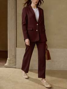 Conjunto de traje para mujer estilo casual ejecutivo con tejido estructurado, corte ajustado, solapa clásica, manga larga, para primavera y otoño, ideal para oficina y eventos formales - Marrón - Ver 3