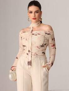 Modelyn Autumn Knitted Sexy Sheer Mesh Ribbon Print T-Shirt - Multicolor - View 6