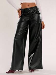 SHEIN BAE Quần ống rộng dáng rộng màu trơn có túi dành cho nữ - màu đen - Xem 5