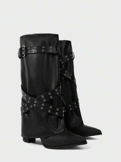 Black Pointed Toe Slip-On Knee-High Comfortable Versatile Fashion Boots For Women