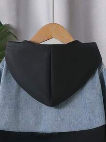 SHEIN Streecool Kids 4-7 Years Old Boys Vintage Stylish Casual Hooded Patchwork Denim Zip-Up Jacket & Elastic Waist Patchwork Denim Pants 2 Pieces Set, Autumn/Winter - Black - View 6