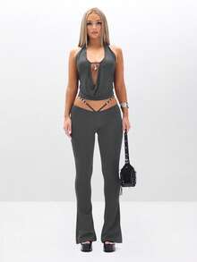 BABYPHAT Quần ống loe logo có chi tiết buộc dây phía sau và dáng quần ống rộng cho thời trang đương đại - Xám - Xem 4