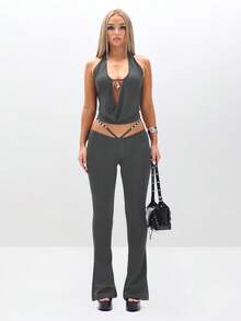 BABYPHAT Áo hở vai cổ yếm có logo khoét sâu có chi tiết dây đeo, thiết kế cắt xẻ cho câu lạc bộ tiệc tùng - Xám - Xem 3