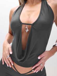 BABYPHAT Áo hở vai cổ yếm có logo khoét sâu có chi tiết dây đeo, thiết kế cắt xẻ cho câu lạc bộ tiệc tùng - Xám - Xem 6