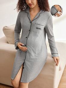 BloomMama Camisón de maternidad con ribete de contraste y botones delanteros, ropa de estar en casa cómoda, para otoño e invierno - Gris Claro - Ver 1