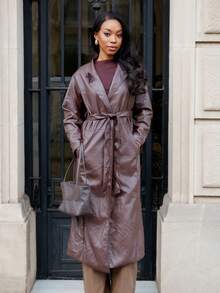 Yess Loren Women Long Solid Color Leather Jacket Regular Fit Coat,Fall Women Clothes - Brown - View 5