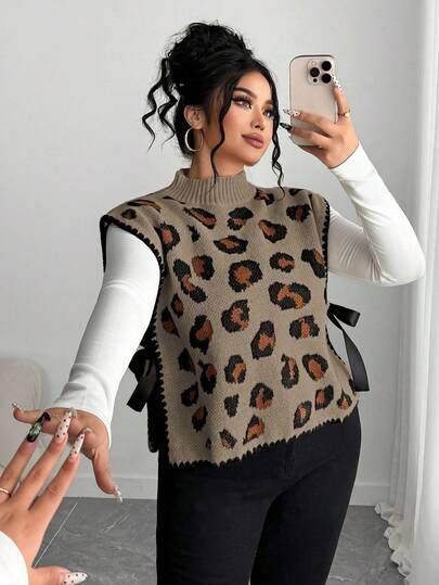 Elenzga Chaleco de punto holgado sin mangas con lazo y estampado de leopardo para mujer, talla grande, adecuado para ropa de exterior de otoño/invierno