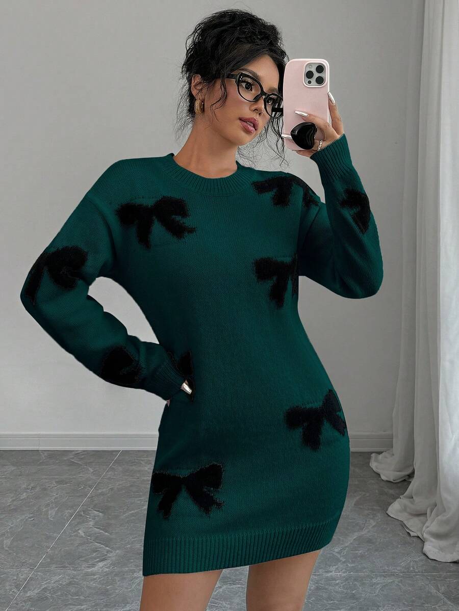 Elenzga Casual Bowknot Short Sweater Dress, Basic Autumn/Winter - Dark Green - View 1