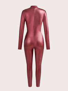 SHEIN EZwear Bộ jumpsuit dài tay màu đỏ tía co giãn khóa kéo phía trước dành cho nữ, chất liệu da, kiểu dáng catsuit, gợi cảm. - Màu Đỏ Sâu - Xem 2