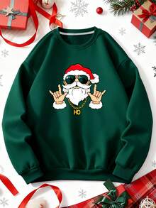 Manfinity Homme 男士圣诞摇滚圣诞老人绿色太阳镜印花套头卫衣，长袖上衣 - 墨綠色 - 查看 3