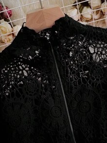 Franclia Women's Autumn Floral Lace Hollow Zipper Front Long Sleeve Blouse Women Shirt - Black - View 4
